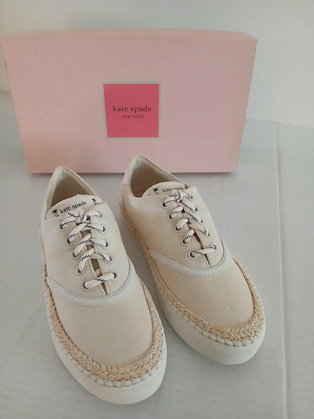 kate spade New York Cream Lace-Up Espadrille-Trim Sneakers Size 5B $45